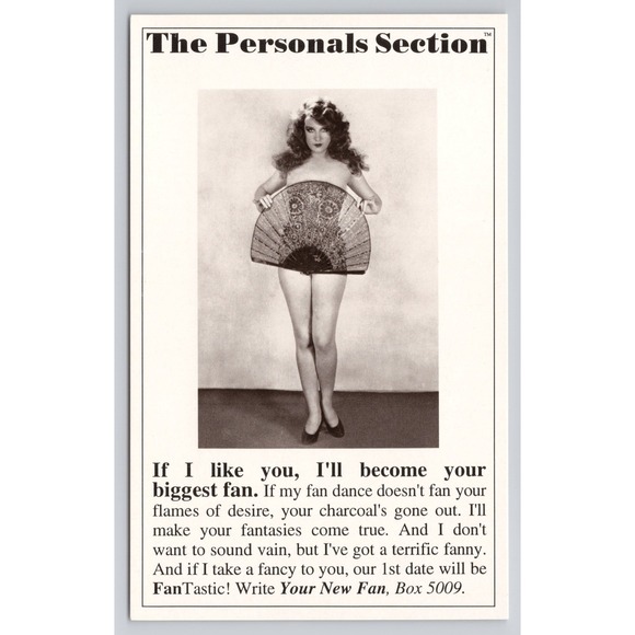 Vintage The Personals Section Pinup Girl Fan Dance Postcard Humor VA - Picture 1 of 2